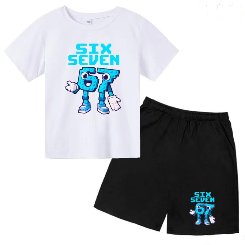 Kids Trend 67 Number Six Seven Print Coat Cool Summer T-shirt 3-12Yrs Cartoon Short-sleeved+Shorts Boys Girls Sports Casual Set