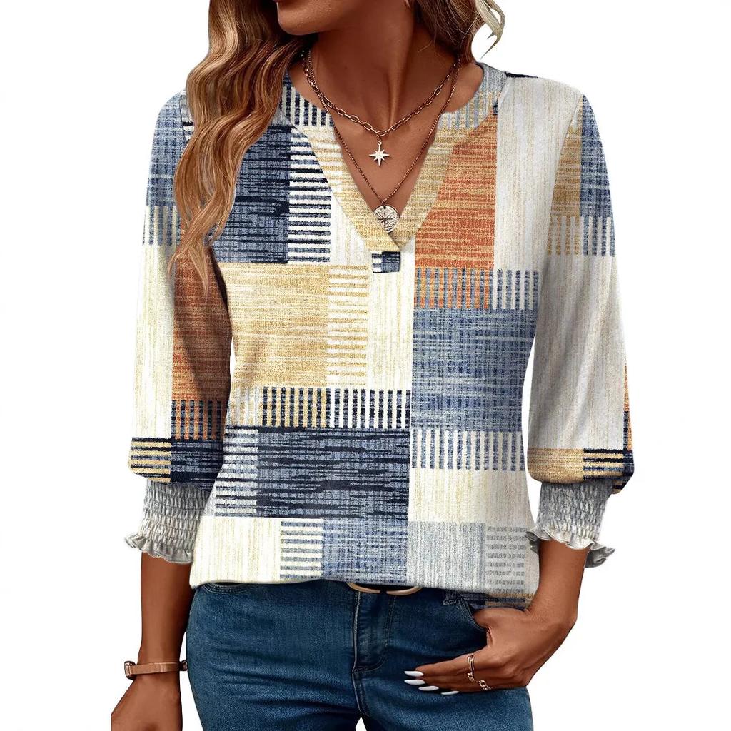 Женская повседневная футболка с цветочным принтом, с коротким рукавом, V-образным вырезом, из полиэфирного волокна, летний модный топ, рубашка длиной семь восьмых