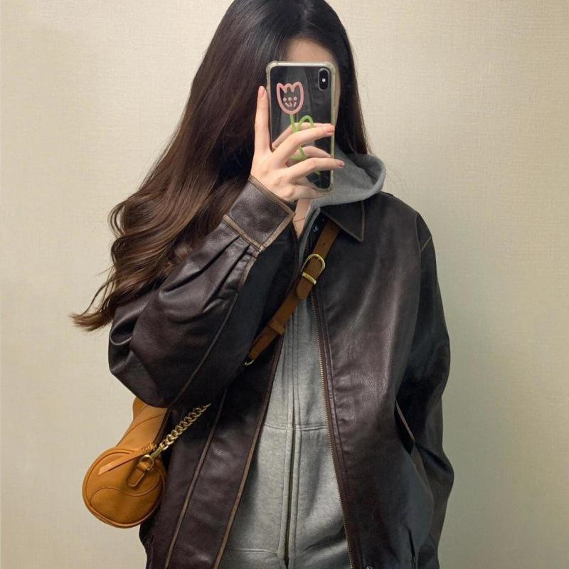 Женская кожаная куртка коричневого цвета в винтажном стиле Весна и Осень Последний стиль куртки Короткий стиль для невысоких