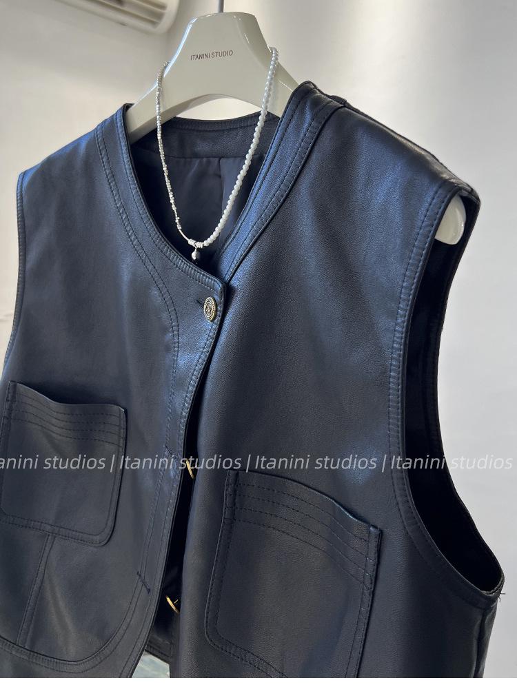 Женский мотоциклетный жилет из искусственной кожи - Короткий жилет без рукавов, 2025 Осень Корейский стиль верхняя одежда