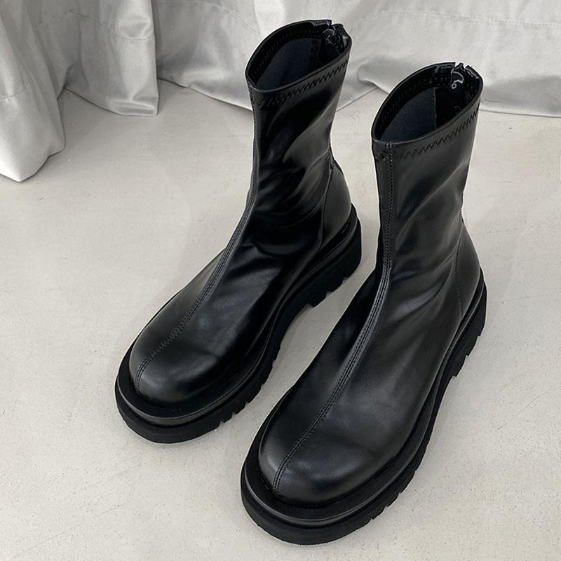 Women's Short Boots, Autumn and Winter New White Medium Boots Socks Boots Velvet Thin Boots Thick-soled Rear Zipper Martin Boots Women