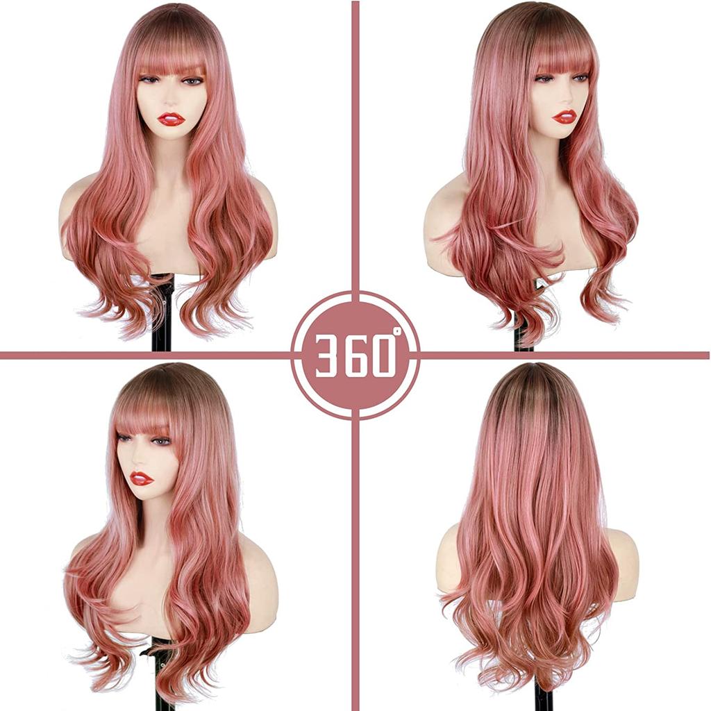 MISSQUEEN Длинный розовый парик с челкой, длинный волнистый парик, розовые парики с эффектом омбре для женщин, термостойкие синтетические женские парики для косплея для повседневного использования (Омбре Розовый)