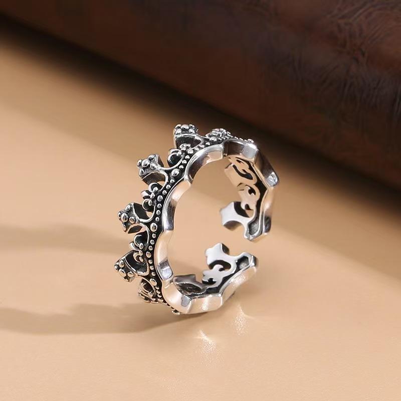 Retro Crown Ring Ins Simple Zinc Open Ring Old Dyed Black Versatile Index Finger Ring
