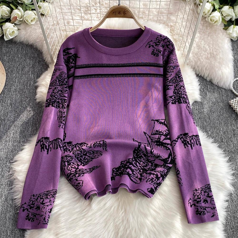 Осенне-зимний элегантный женский комплект одежды для отдыха из 2 предметов, трикотажные брюки, дизайнерский винтажный вязаный свитер с цветочным принтом