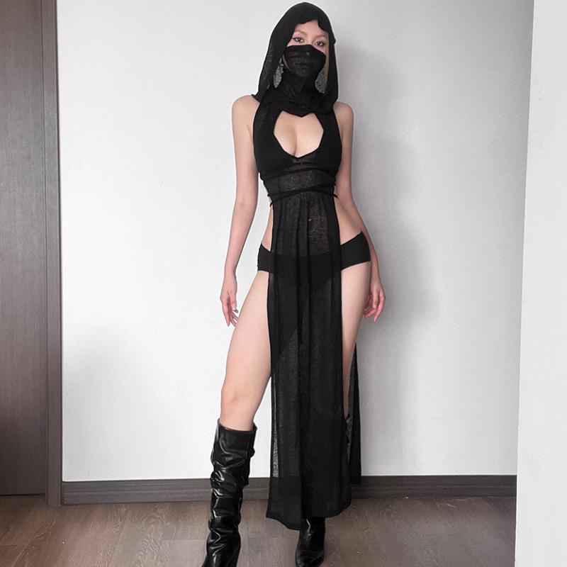 AltGoth Coquette Dark Gothic Сексуальное Платье Женское Винтажное Y2k Cyberpunk Прозрачное Трикотажное Платье с Вырезом И Разрезом С Высокой Талией И Капюшоном