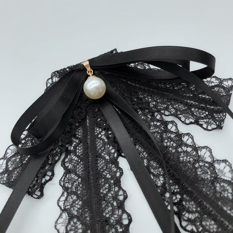 Fashion Black Lace Ribbon Bow Tie Pearl Pendant Brooch Women Shirt Collar Clothes Necktie Decoration Accessories