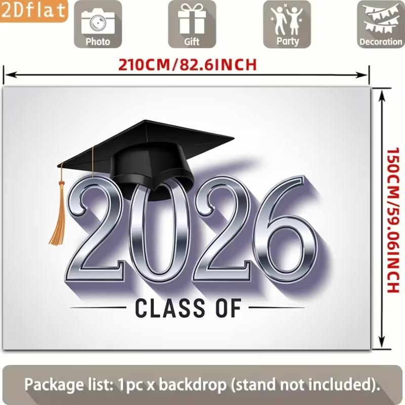 2D Class of 2026 Graduation Photography Backdrop Silver Metallic Number & Cap Party Background
