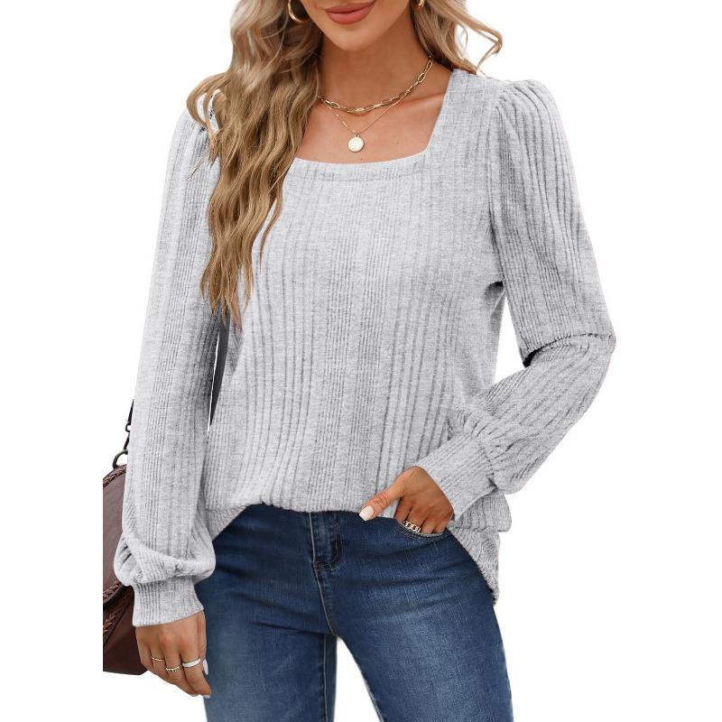 Autumn Women's Blouse Pit Stripes Square Neck Fashion Casual Long Sleeve Tops