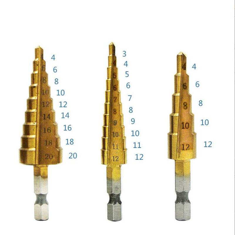 HSS Титановое ступенчатое сверло Коническое ступенчатое сверло для металла дерева Высокоскоростной набор ступенчатых сверл Электроинструменты 3-12 4-12 4-20 4-32 мм