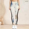 Women Plus Size High Waist Side Eyelet Lace Up Printed Full Length Fitted Leggings