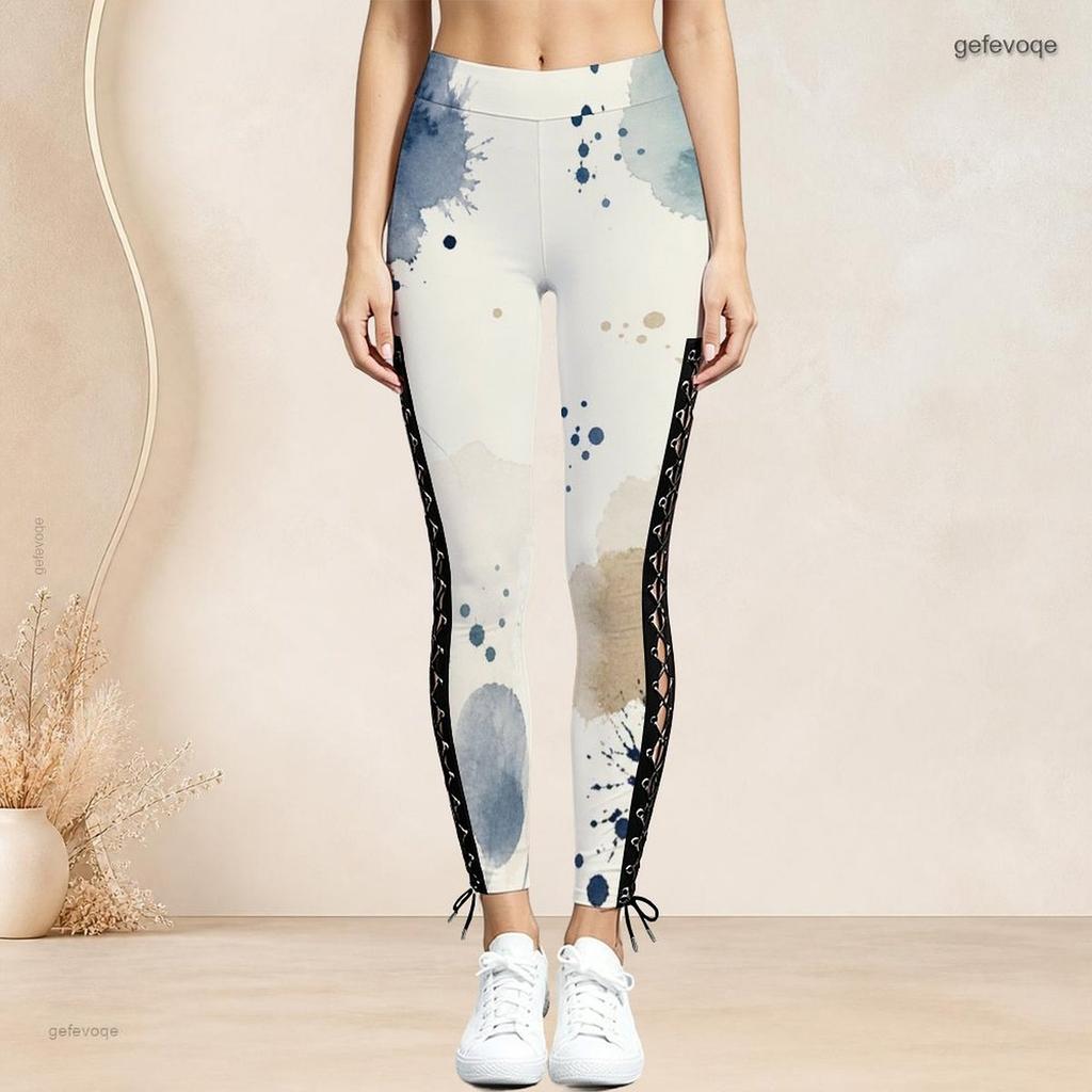 Women Plus Size High Waist Side Eyelet Lace Up Printed Full Length Fitted Leggings