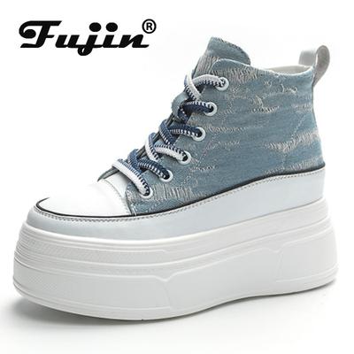 Fujin/8 см джинсовые женские модные весенние ботильоны из натуральной кожи на шнуровке, женская осенняя модная обувь на танкетке на платформе, модная брендовая обувь на молнии