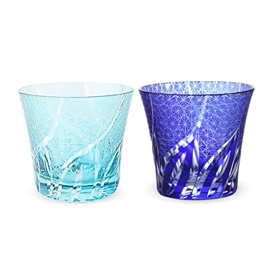Takumibifu Dinner Luxe Kiriko Pair Glass Cup 94xH85mm 240cc Ranbori Komon Aqua & Blue with Bottom E