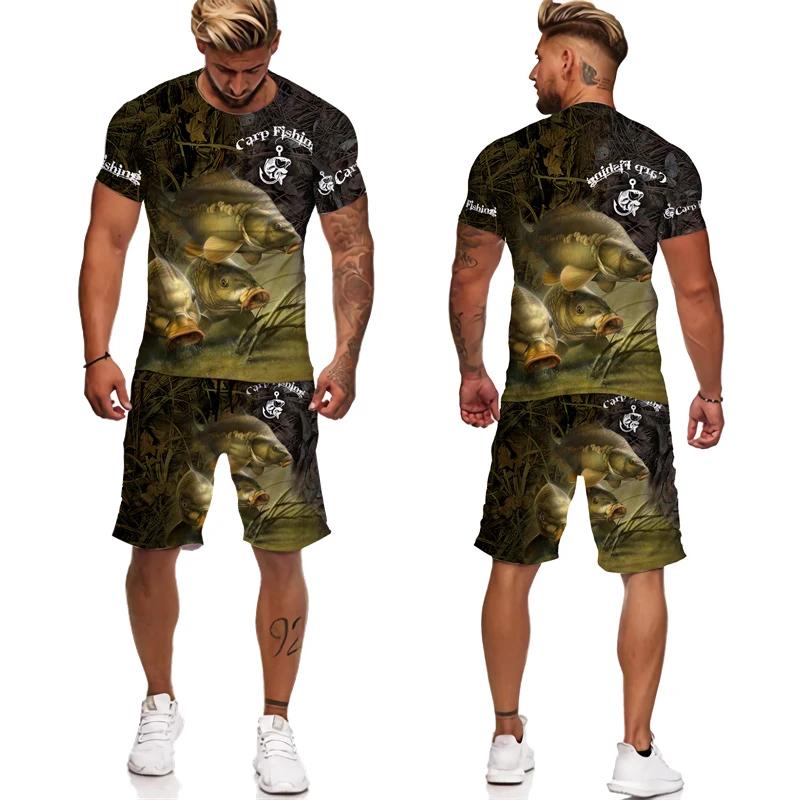 Summer Carp Fishing Pattern Men's T Shirt+Shorts 2PCS Outfits Casual Shorts Sets 3D Print Oversized Man Clothes O-Neck Tracksuit