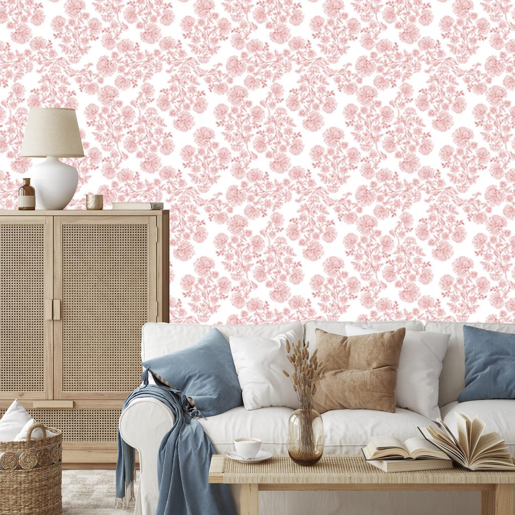Wallpaper Flowers white and coral, a striking detail for the living room and bedroom 50x1000