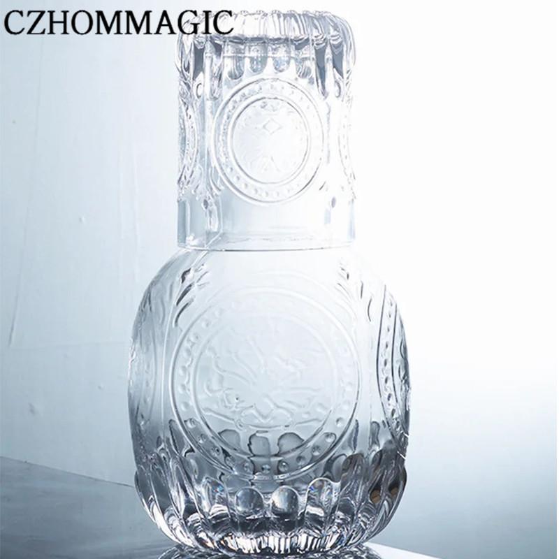 880ml Bedside Water Carafe Glass Cup Drinkware Set Vintage Transparent Cold Water Cup&Bottle for Pitcher Nightstand Bedroom Gift