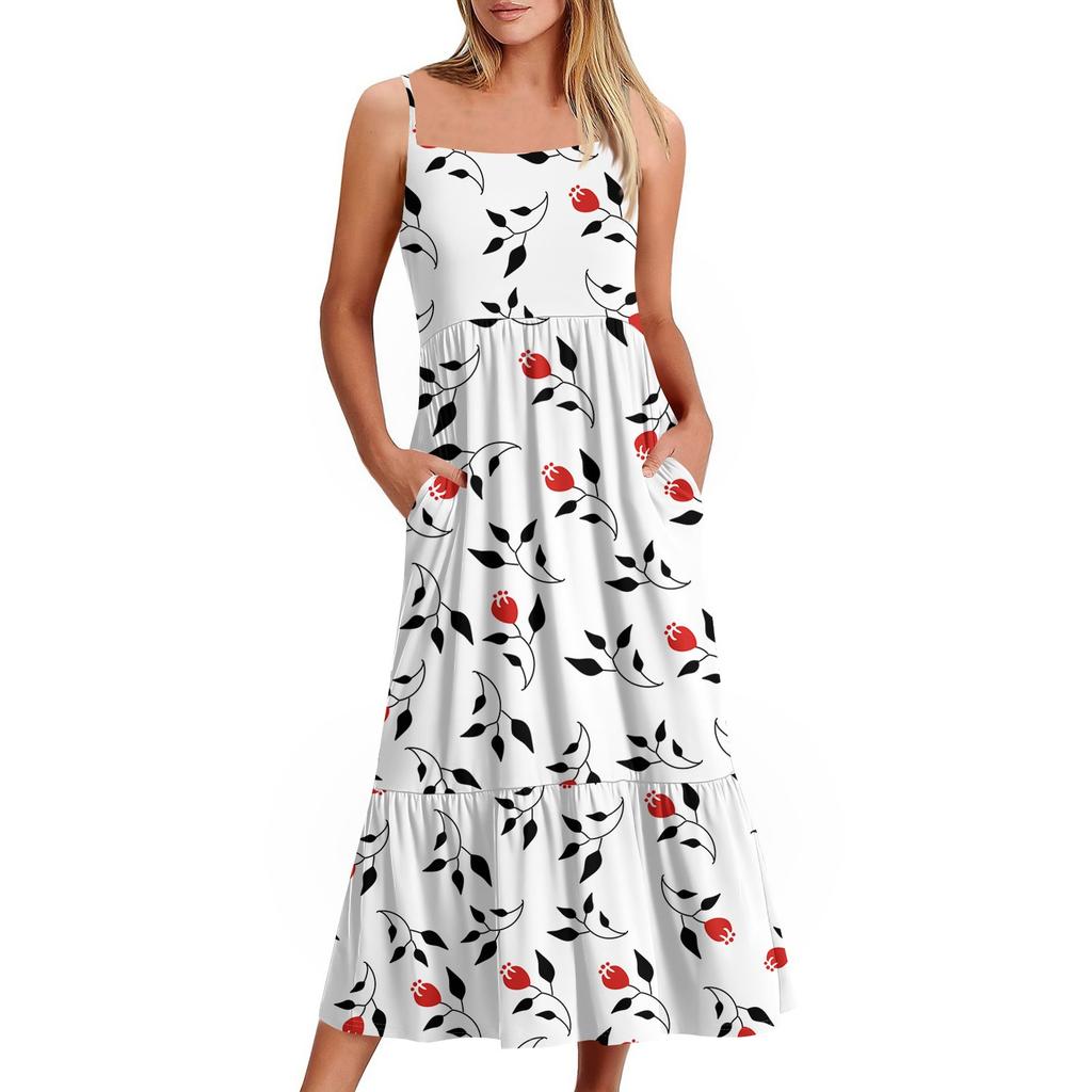 Women's Long Beach Casual Elegant Spaghetti Strap Maxi Dress Floral Low-key Flowing Bohemian Dress