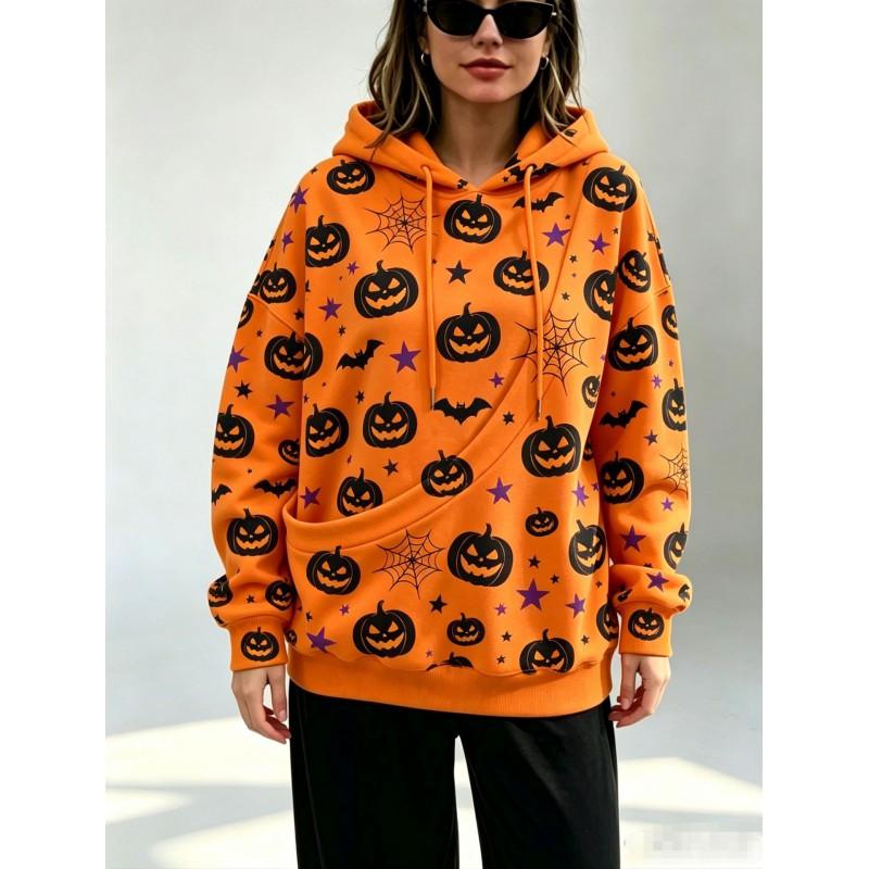 Womens Oversized Hooded Sweatshirt With 3D Neon Print Slanted Pocket Loose Fit Halloween Daily Wear