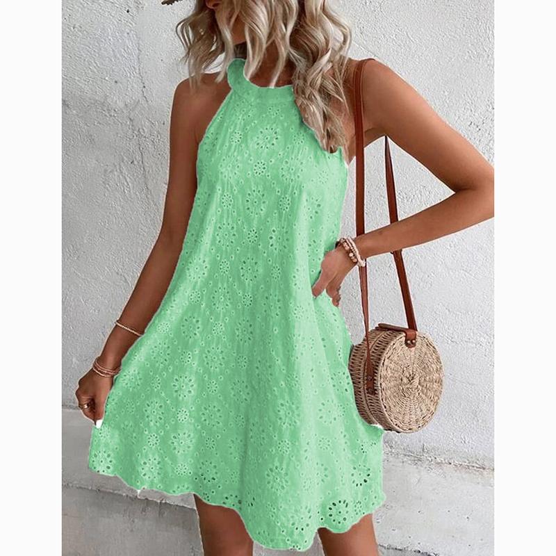 Vintage Floral Hollow Out Sleeveless Dress Women Halter Elegant White Dresses Summer Solid A Line Short Dress Women