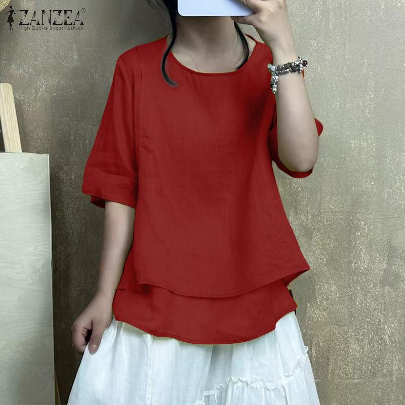 ZANZEA Женская летняя блузка с круглым вырезом, свободного кроя, с рукавом до локтя