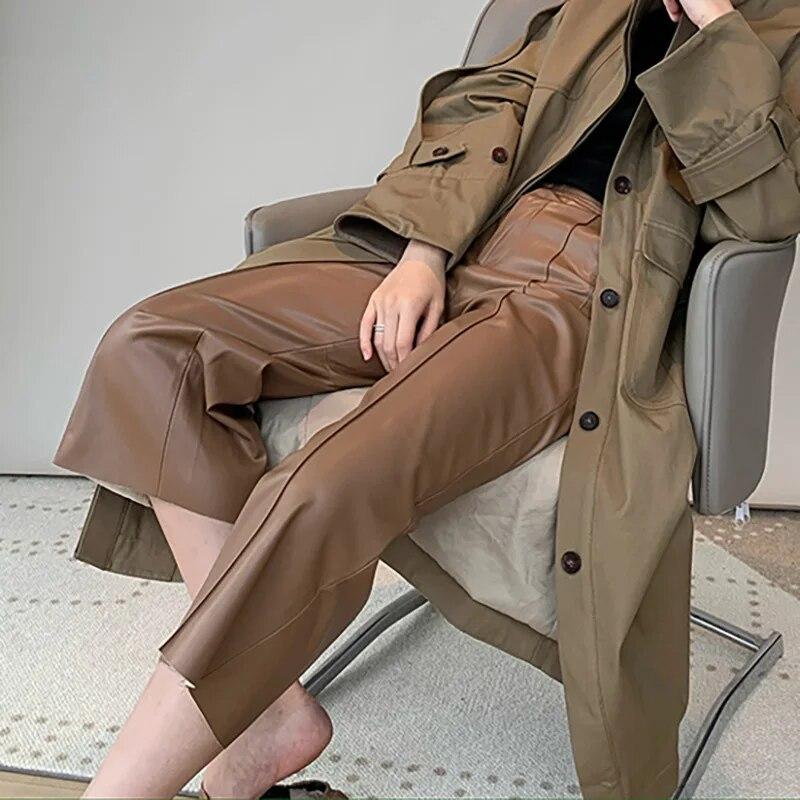 Брюки из натуральной овчины, брюки длиной до икры, женские свободные длинные брюки из натуральной кожи TF5302