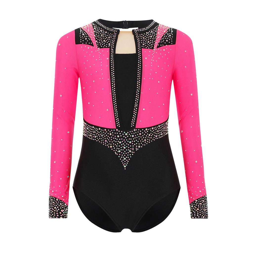 Гимнастический купальник для девочек с длинным рукавом, с вырезом-капелькой на спине, блестящими стразами, одежда для фигурного катания и танцев