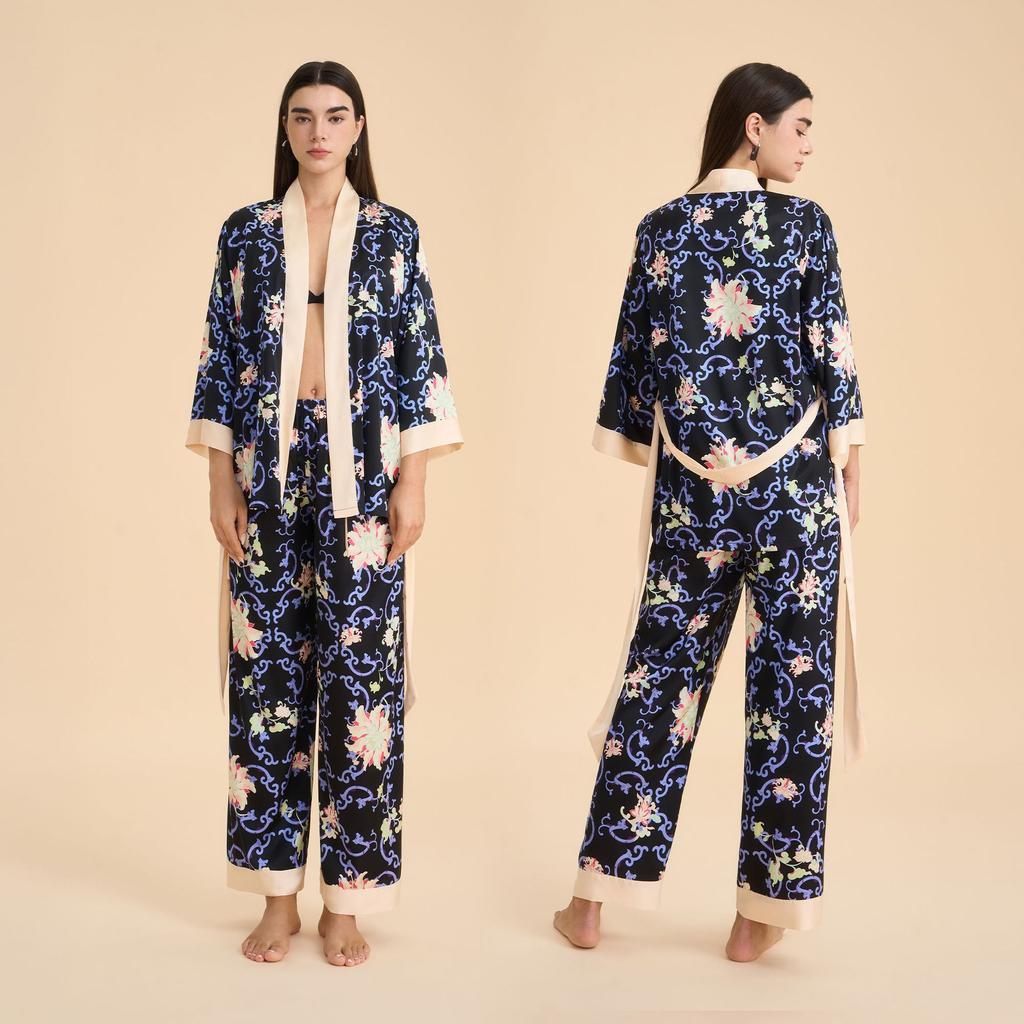 New high-end long-sleeved cardigan pajamas women's spring and autumn flower printing satin chiffon loungewear set TZ1000