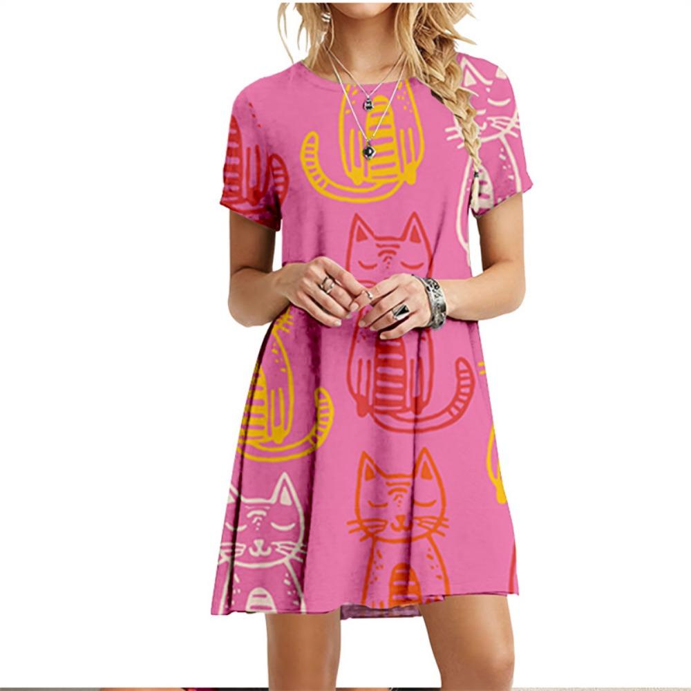 Платье с красочным рисунком и принтом кошек, с короткими рукавами, женское платье Kawaii, летняя мода, круглый вырез, уличная повседневная свободная одежда