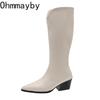 Уличный стиль, дизайнерские женские сапоги до колена, модные, с острым носком, длинные, с квадратным каблуком, обувь на осень-зиму