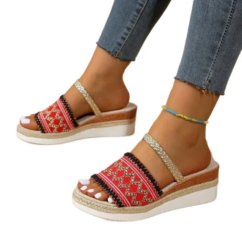 Модные летние женские тапочки, пляжные сандалии, бохо, этнический стиль, эспадрильи ручной работы, тапочки на платформе, шлепанцы для женщин