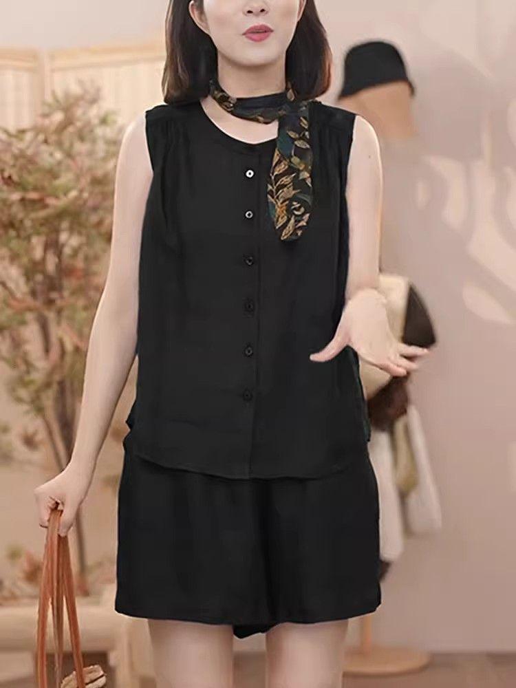 Women's Summer Linen Slimming Two-Piece Set: Sleeveless Sport Shirt & Shorts