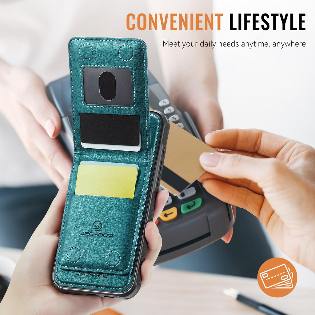 For iPhone 15 Pro Max Leather Back Cover Compatible with MagSafe JEEHOOD J06 Phone Case with Card Bag RFID Blocking