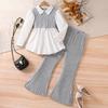 2025 Girls' Autumn Outfit Set Patchwork Fake Two-Piece Top + Stylish Flared Pants 2-Piece