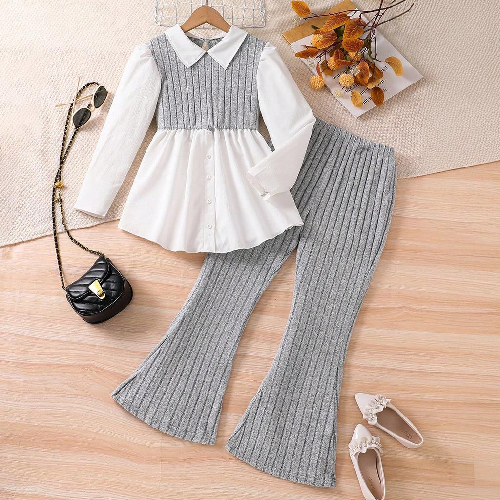 2025 Girls' Autumn Outfit Set Patchwork Fake Two-Piece Top + Stylish Flared Pants 2-Piece