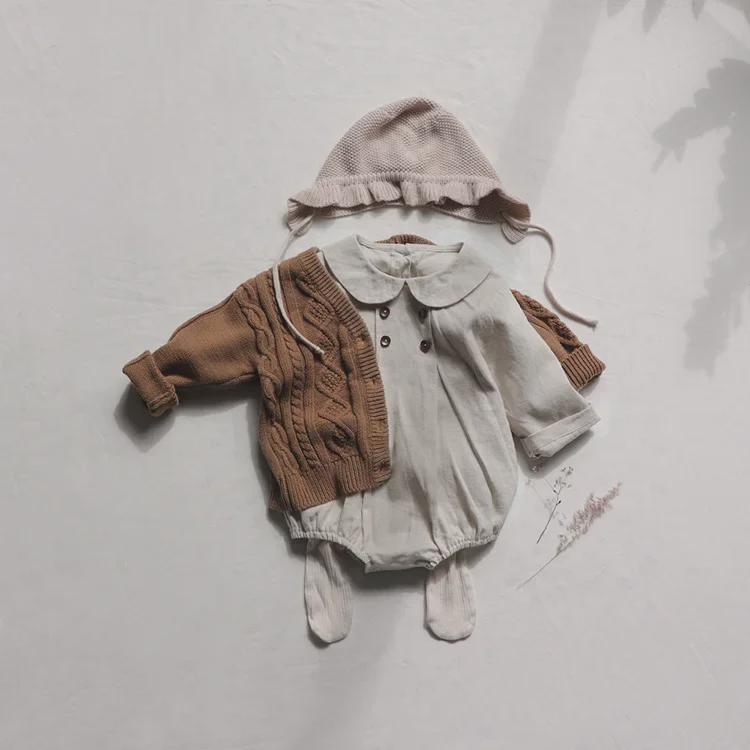 Autumn Linen Double-Breasted College Style Long-Sleeve Bodysuit for Babies