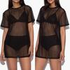 Women Bikini Fishnet Cover-Ups Short Sleeve See-Through Black Blouse Sheer Mesh Round Neck Tops