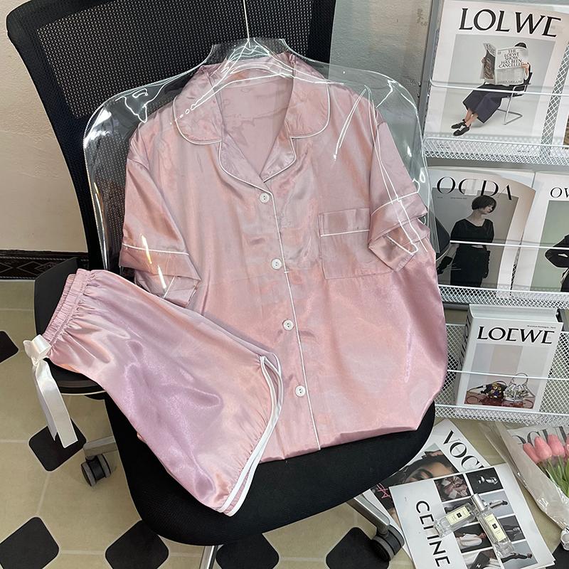 Летняя новая женская милая атласная пижама с цветочным принтом, короткий рукав + брюки, женская милая домашняя одежда, повседневная одежда