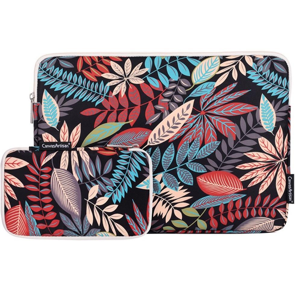 Ultralight 13" laptop case with leaf print and additional pouch - black