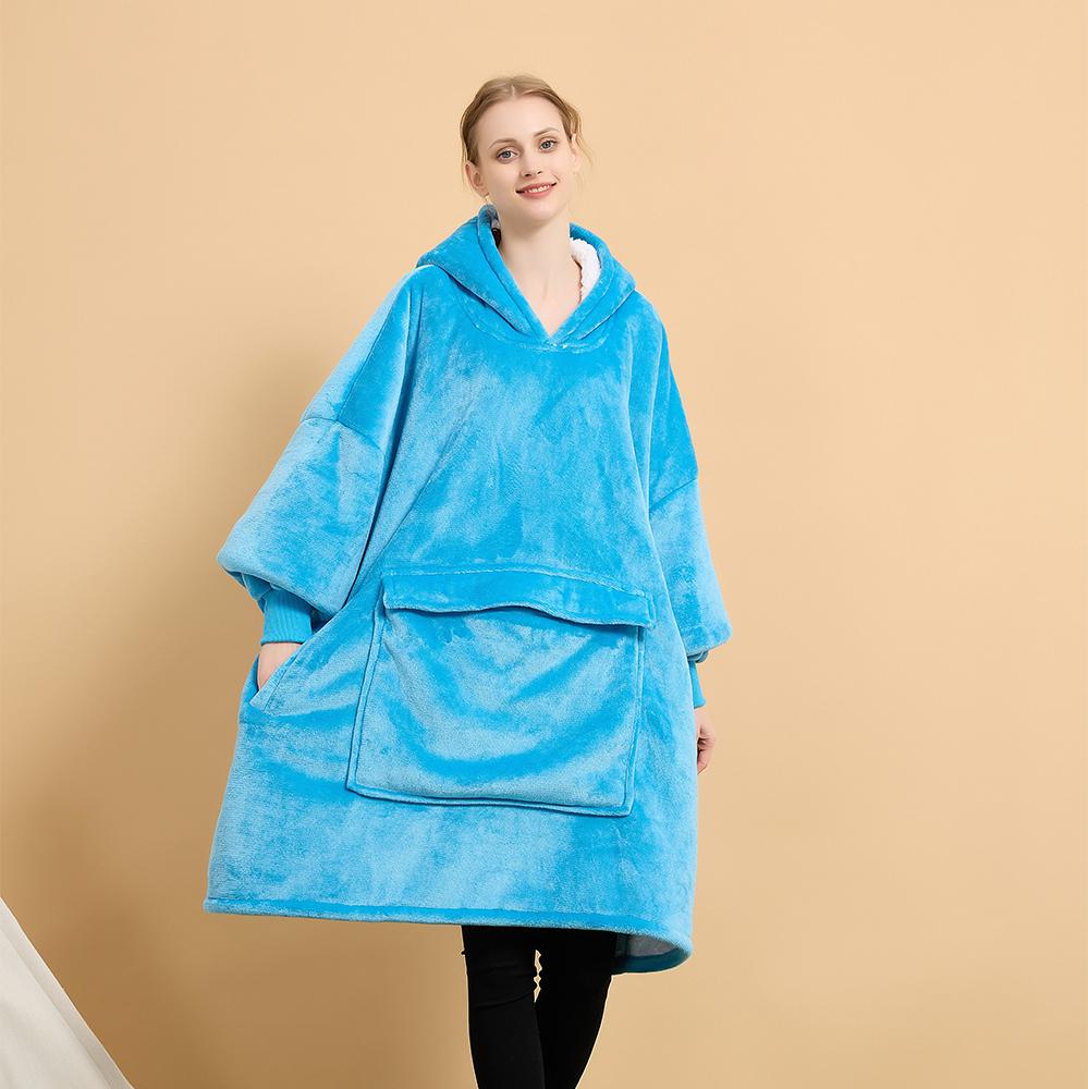 Manufacture Comfortable 100% Polyester Hooded Blanket Flannel Fleece Solid Color Cozy Warm Blanket Hoodie
