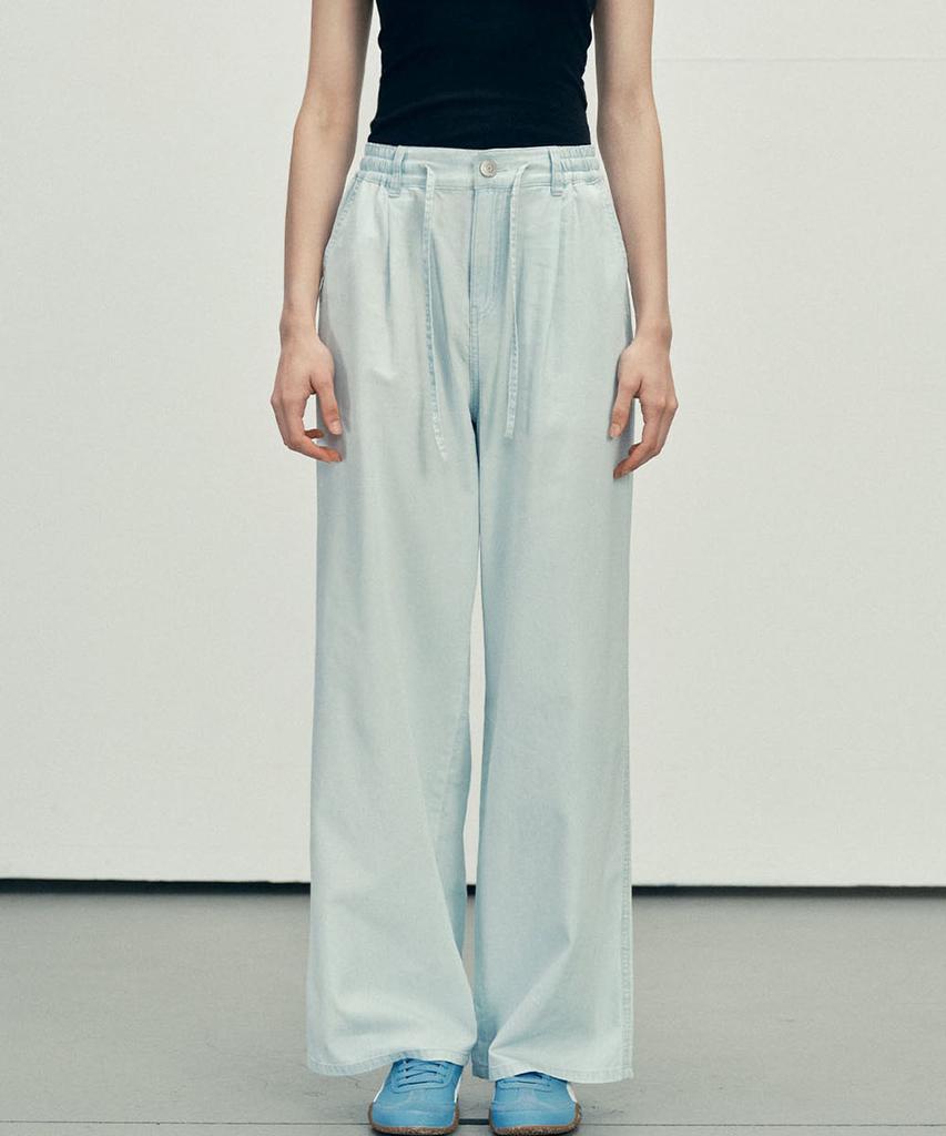 MALOUPE 9161 Ultra-Lightweight Single-Pleat Wide Denim Pants (Light Indigo)