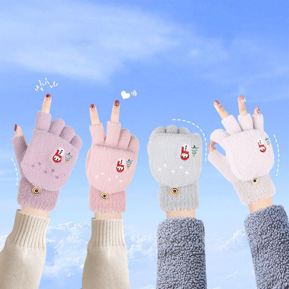 Color Outdoor Cycling Keep Warm Half Finger Gloves Women's Gloves Thick Mittens Flip Cover Gloves