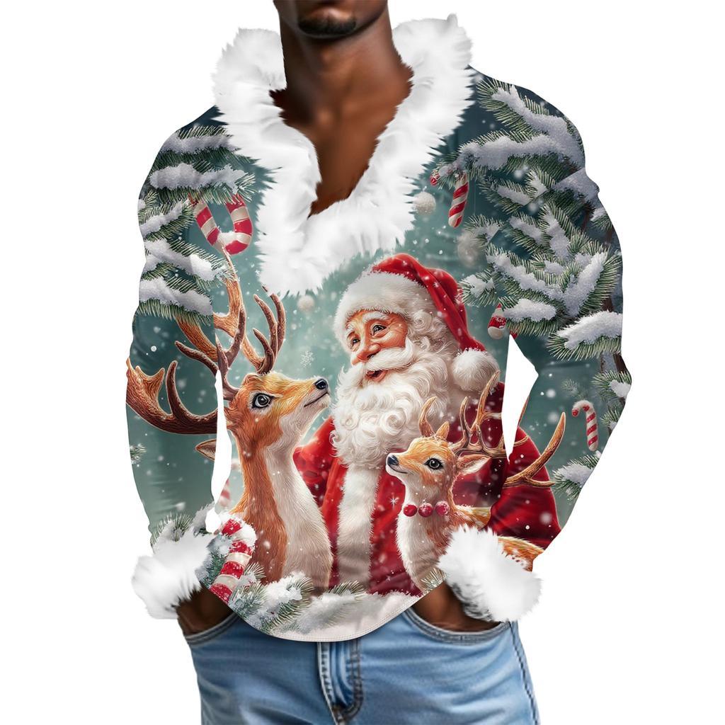 Мужской повседневный рождественский плюшевый свитшот с V-образным вырезом и длинными рукавами из флиса
