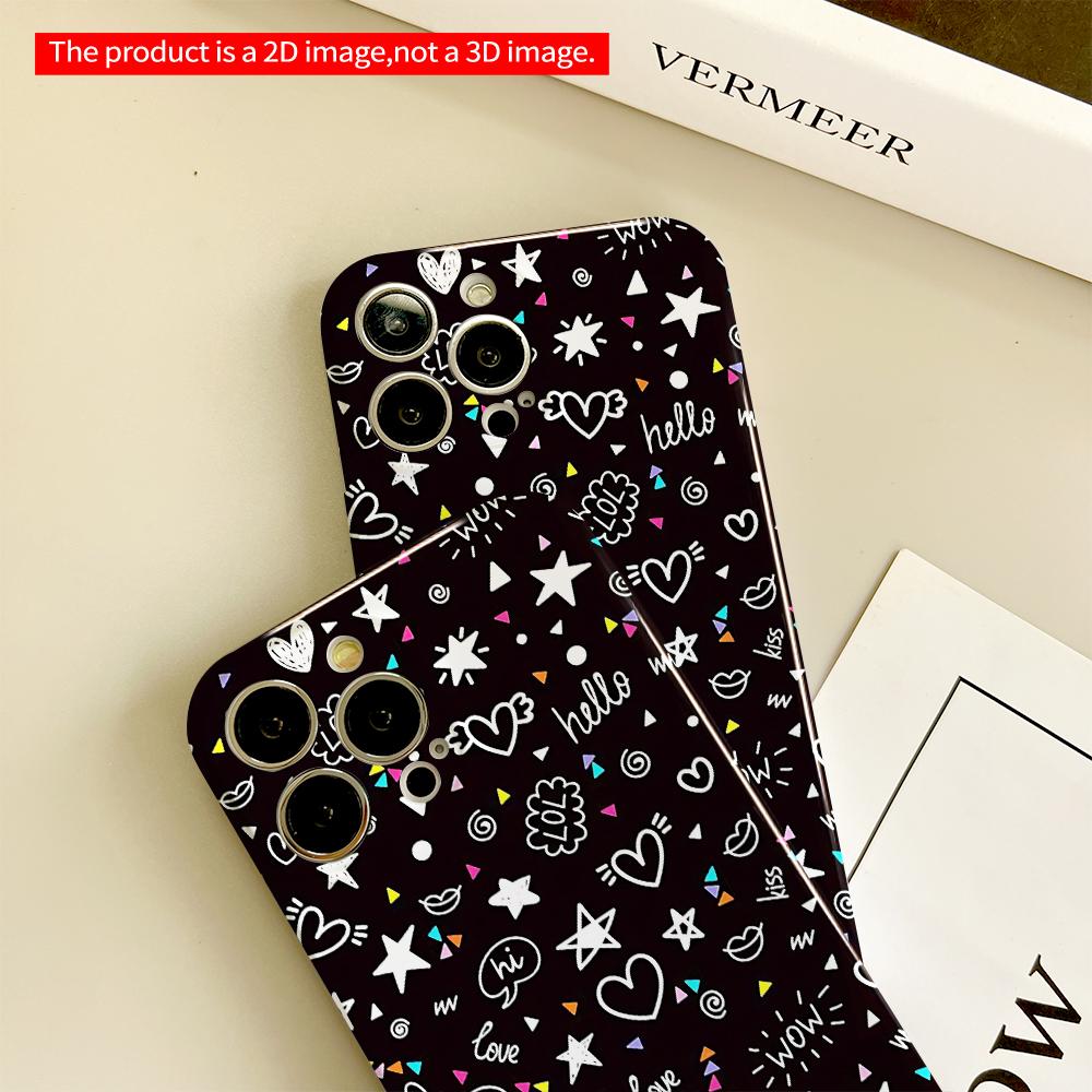 Doodle Hearts Stars Love Wow Hello Kiss Pattern Phone Case All inclusive film hard phone case, compatible with iPhone 18 Pro Max 17 16 15 14 13 12 11