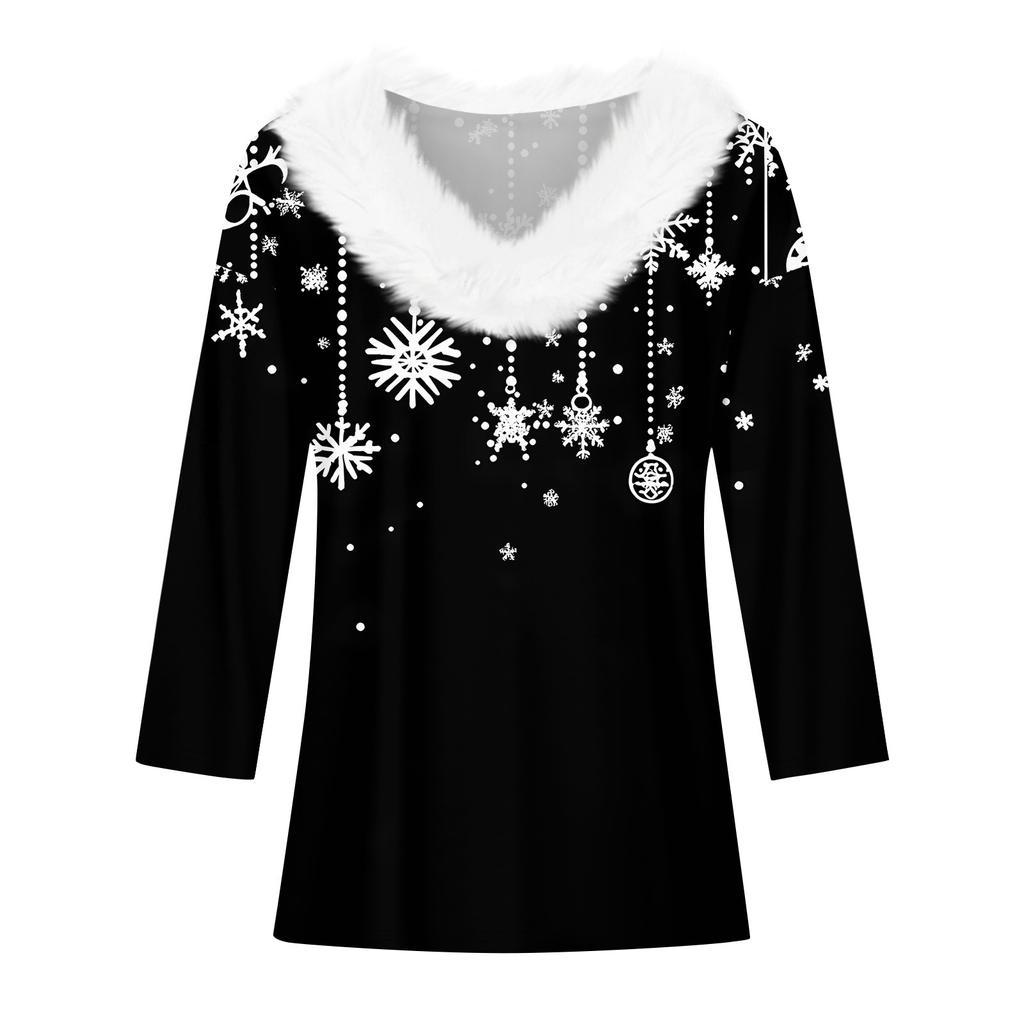 Women's T Shirt Tee Christmas Print Shirt Three Quarter Sleeve Party Christmas Fleece Collar V Neck  Top