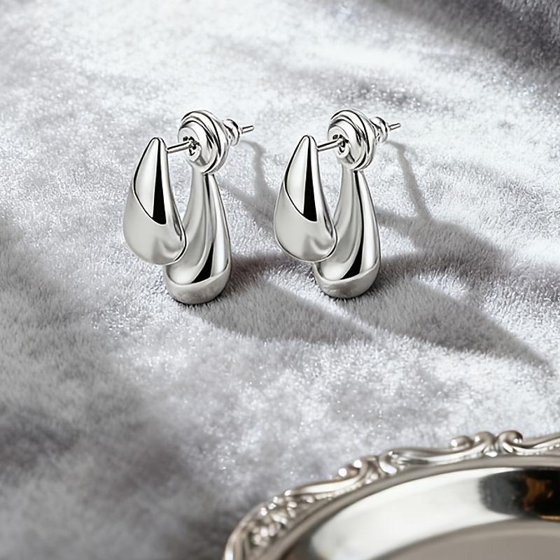 Double Teardrop Stud Earrings for Women Polished Smooth Water Drop Design Modern Fashion Party Daily Novel Metal Jewelry