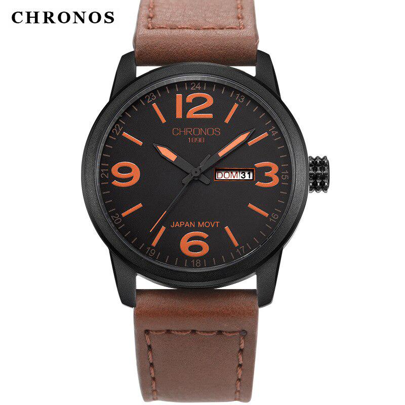 CHRONOS Лучший бренд Роскошные часы Мужские часы Date Week Кожаные мужские часы