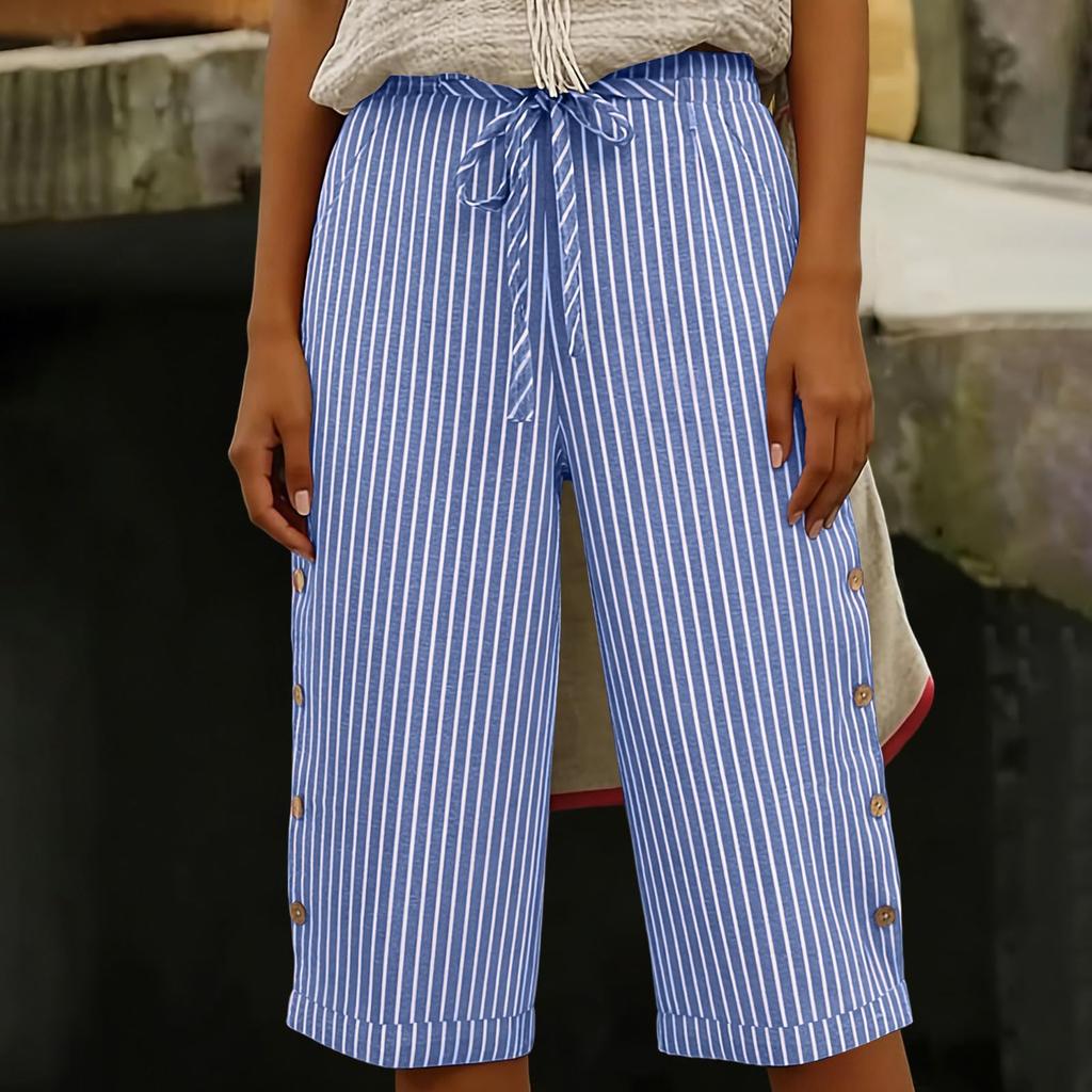 Women's Summer Fashion Striped Elastic Waist Five Quarter Pants Casual Loose Pocket Shorts