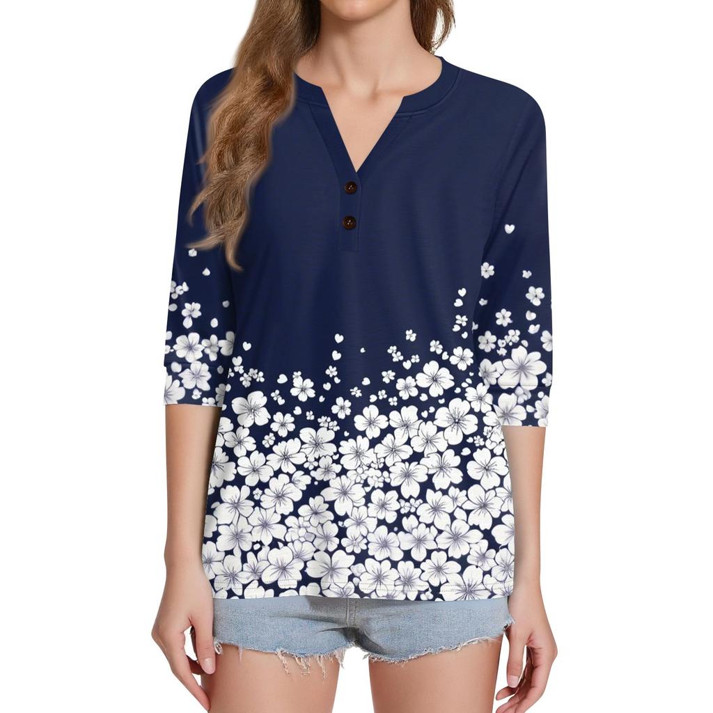 Жен. Футболка С принтом Пуговицы Рукав 3/4 Повседневные Выходные Мода Классический Классический V-образный вырез Обычный Верх