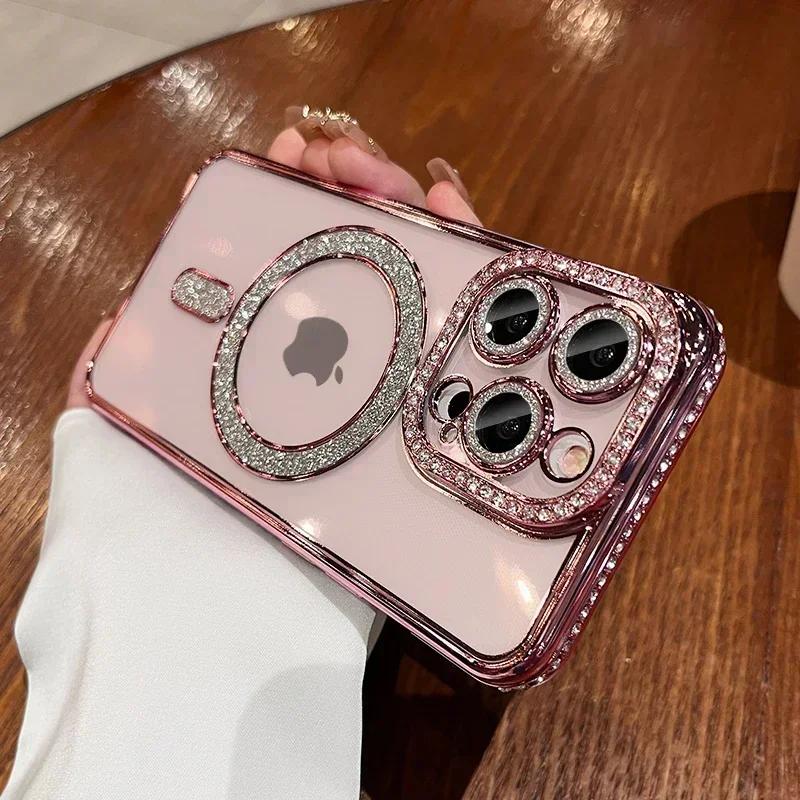 Модный кристальный бриллиантовый магнитный прозрачный чехол для iPhone 16 15 14 13 12 11 Pro Max 16 Plus Magsafe беспроводная зарядка силиконовая крышка