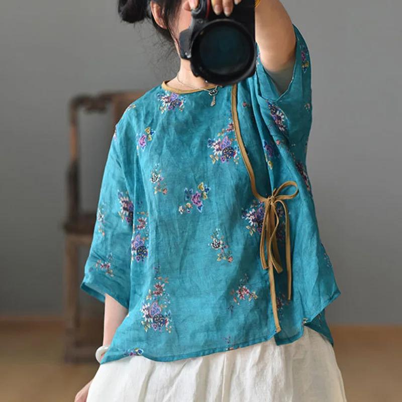 Johnature Summer T-Shirts Women O-Neck Seven Sleeve Print Floral Button Female Vintage T-Shirts